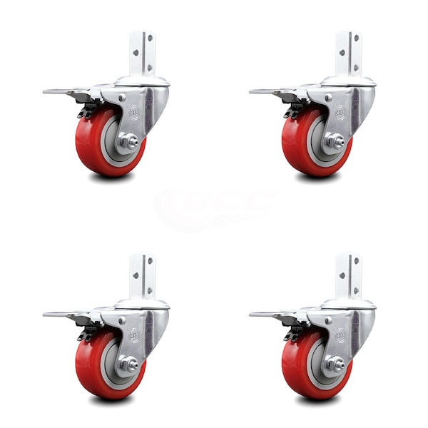 3 Inch Red Poly Wheel Swivel 7/8 Inch Square Stem Caster Set Total Lock Brake